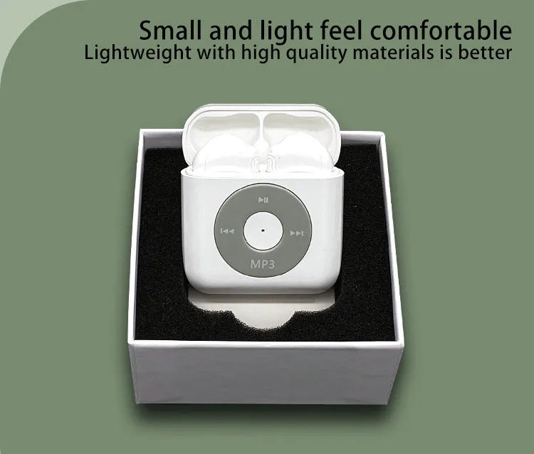 White wireless Bluetooth 5.0 semi in-ear earphones with charging case and noise reduction feature