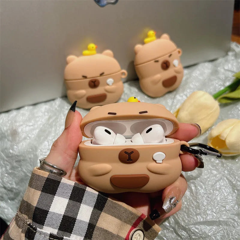 Silicone AirPods cover with overhead duck capybara design in soft shell cartoon style