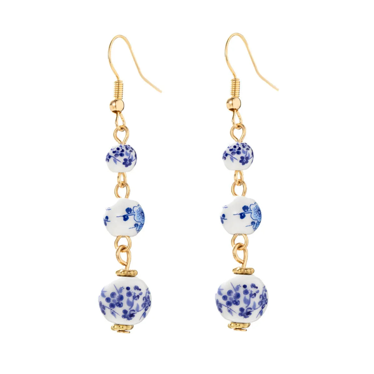 Blue and white porcelain ceramic bead retro earrings with geometric alloy electroplated construction