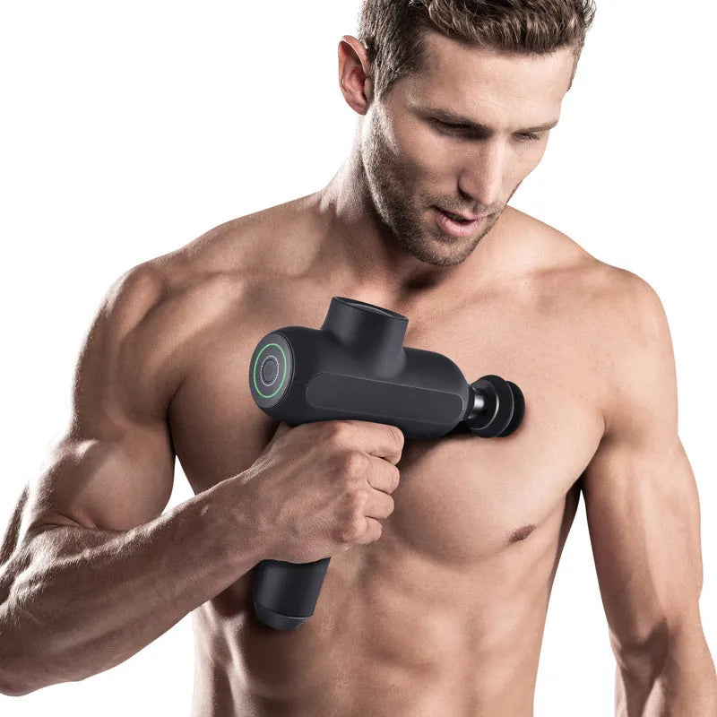 Handheld electric muscle massager with multiple attachment heads in black, red, or silver colour.