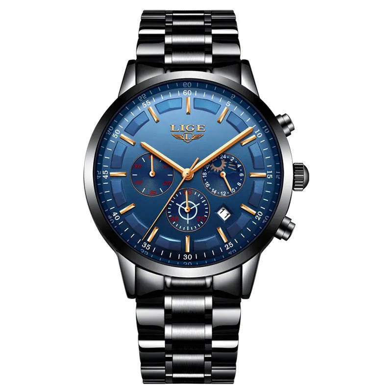 Men's quartz sports watch with a 12mm thick case in various colour combinations.