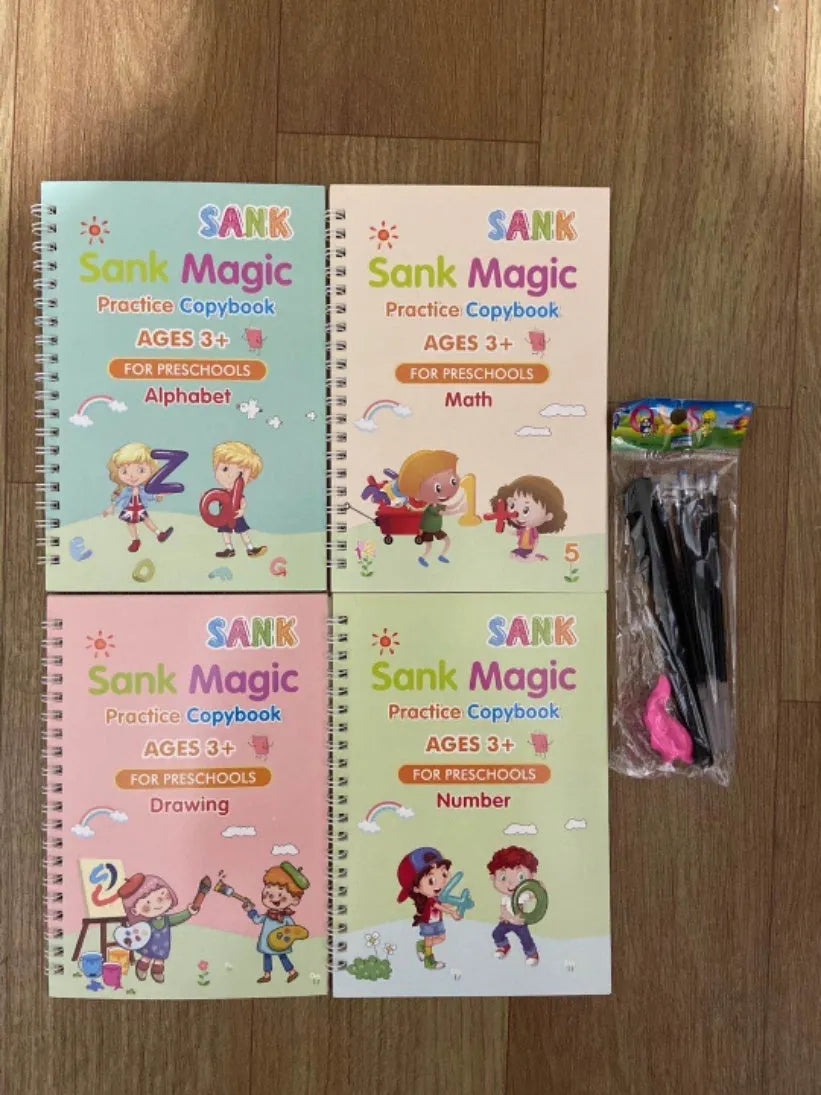 Four magic calligraphy practice copybooks with magnetic stylus pen and spare refills