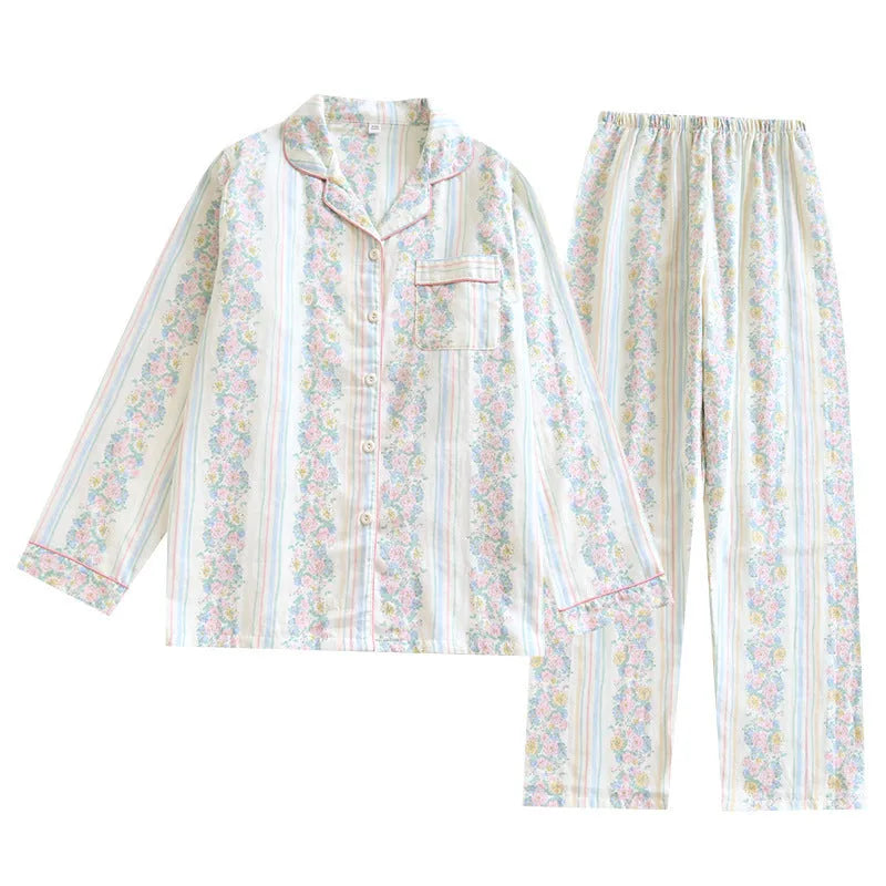 Ladies' cotton gauze homewear two-piece set in colour stripes pattern with long sleeves and trousers