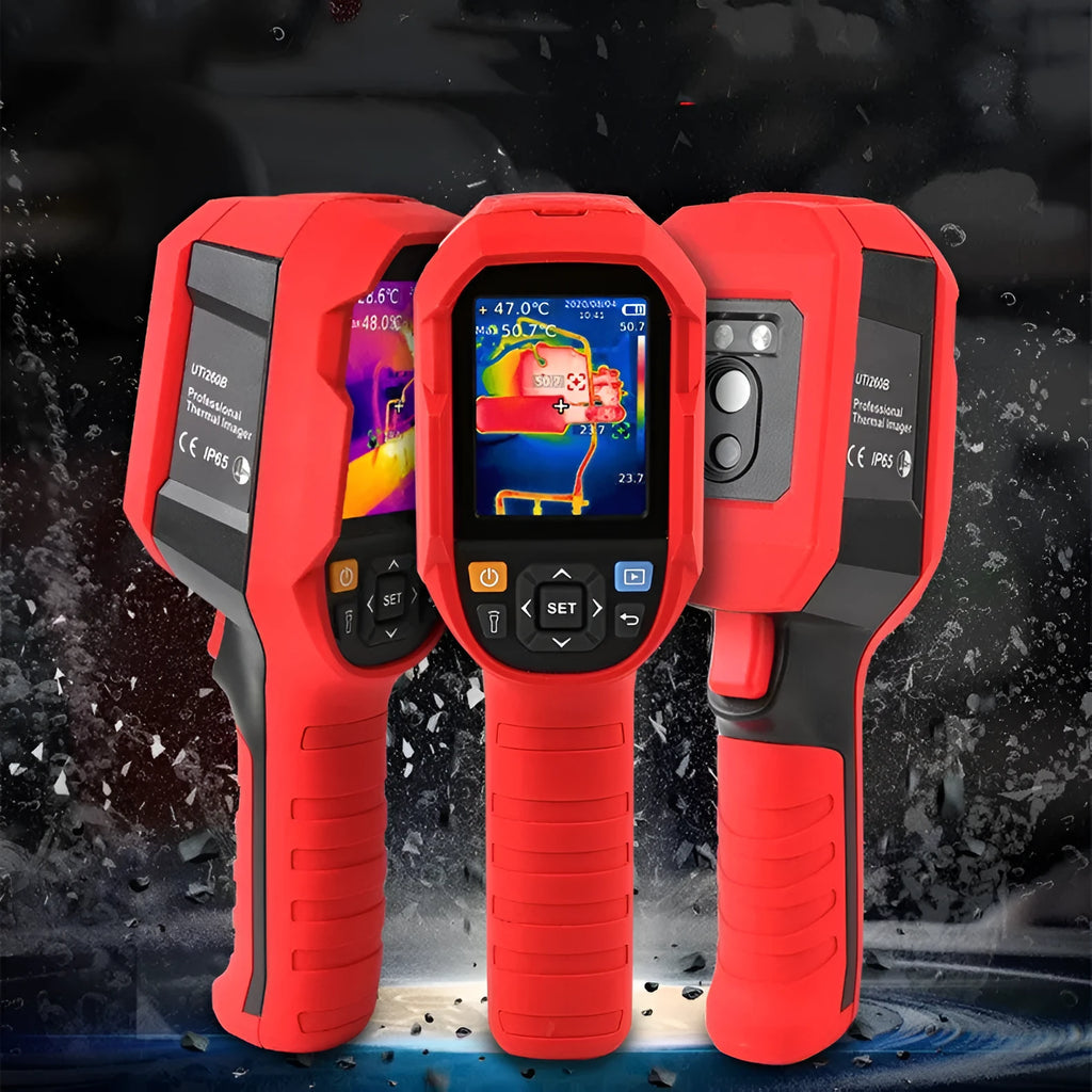 UTi series handheld infrared thermal imaging camera with display screen showing a thermal image.