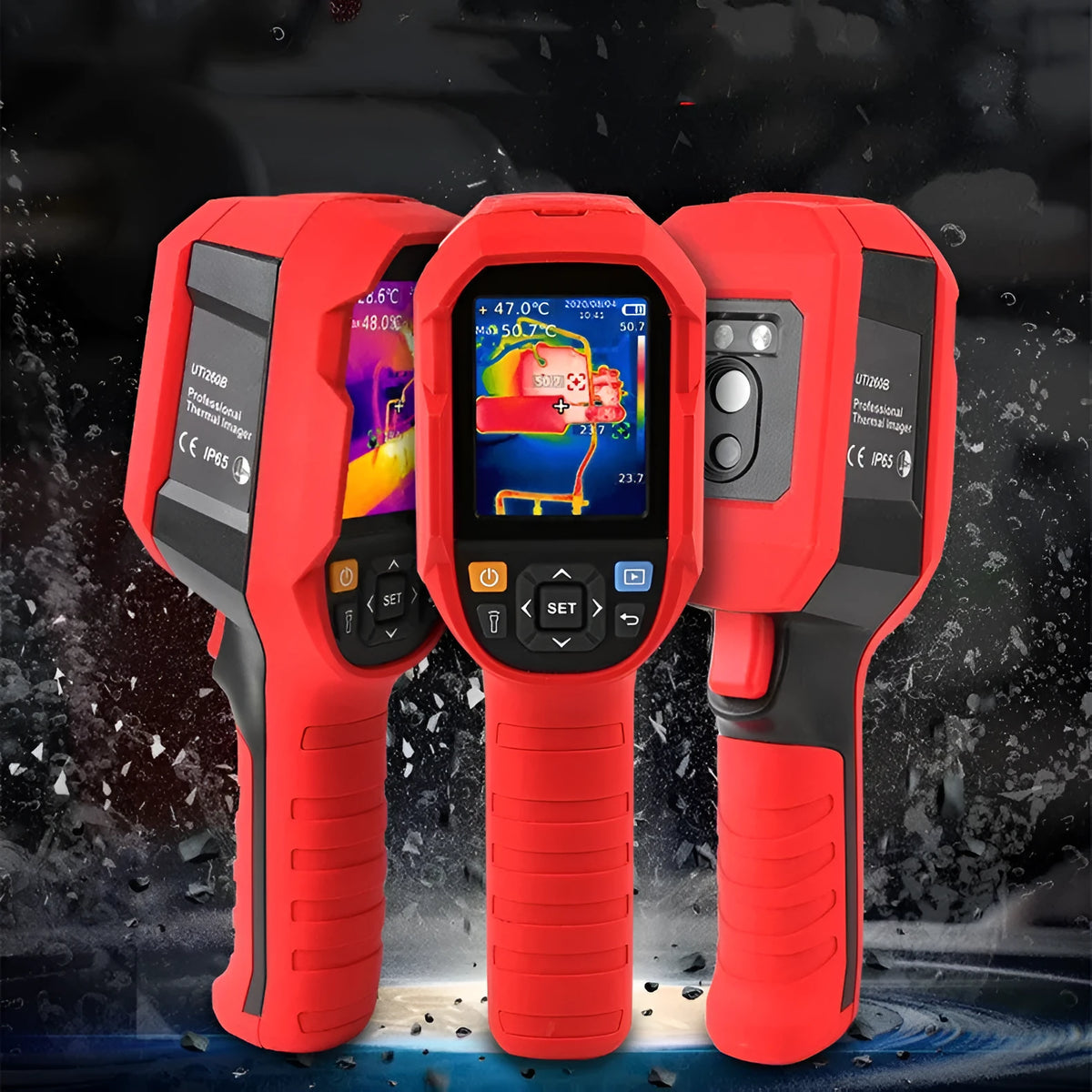 UTi series handheld infrared thermal imaging camera with display screen showing a thermal image.