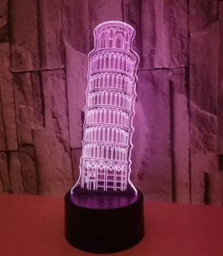3D Leaning Tower of Pisa acrylic nightlight on black base with multi-colour LED illumination.