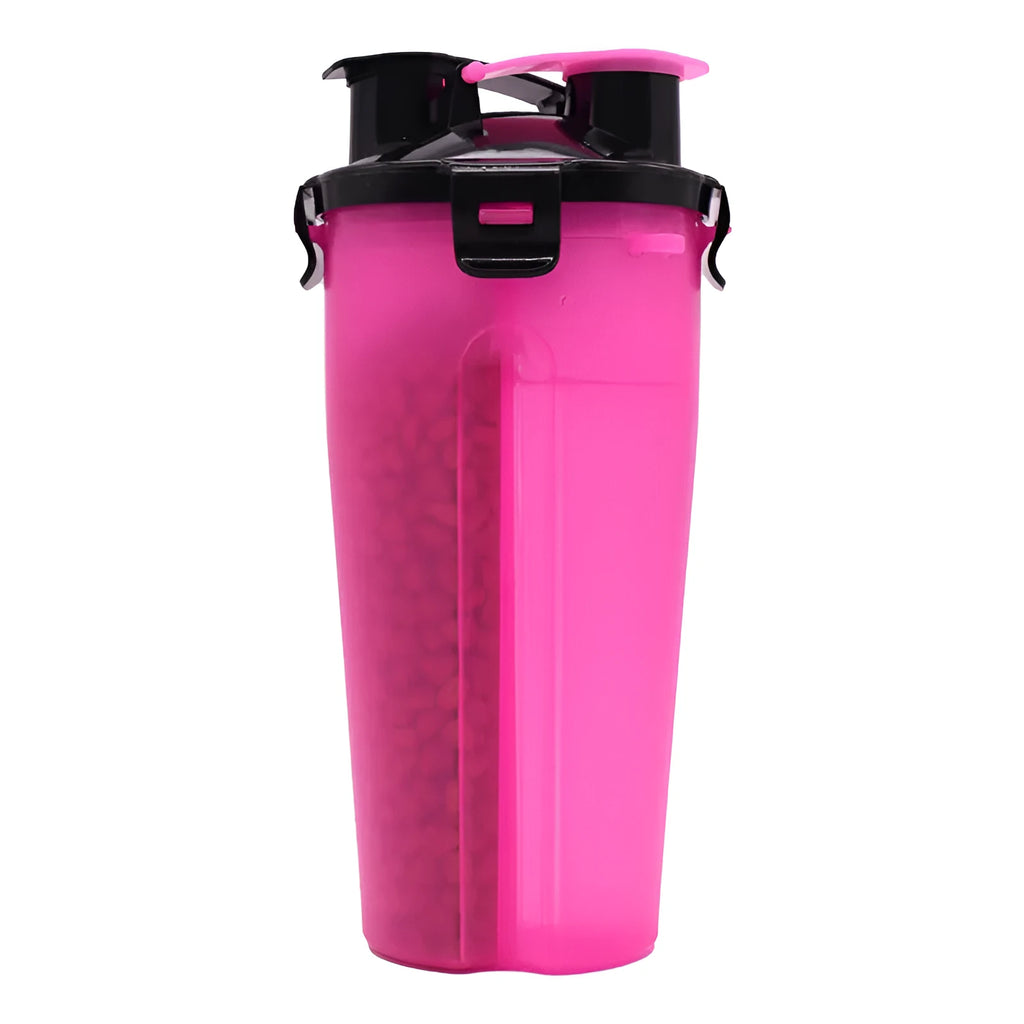 White portable pet cup with separate water and food compartments for dogs and cats outdoors.