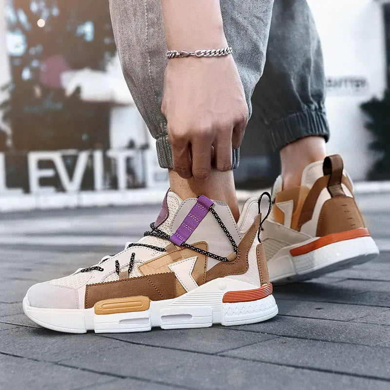 Men's high-top board shoe with flyknit mesh upper, front lace-up and flat heel, shown in Moonlight, brown or beige purple