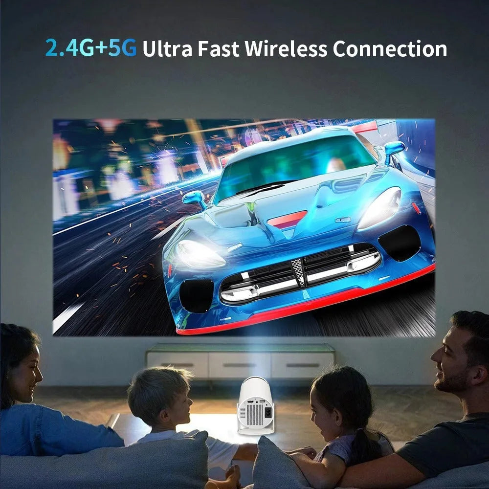 White Barrel X10 PLUS portable projector with gamepad and remote control on table
