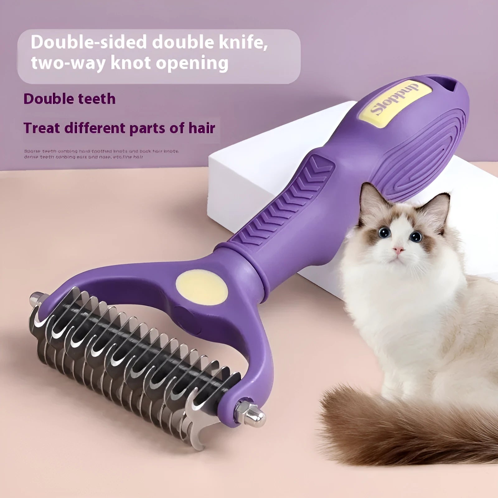 Purple double-sided plastic comb for removing knots from cat and dog fur during grooming