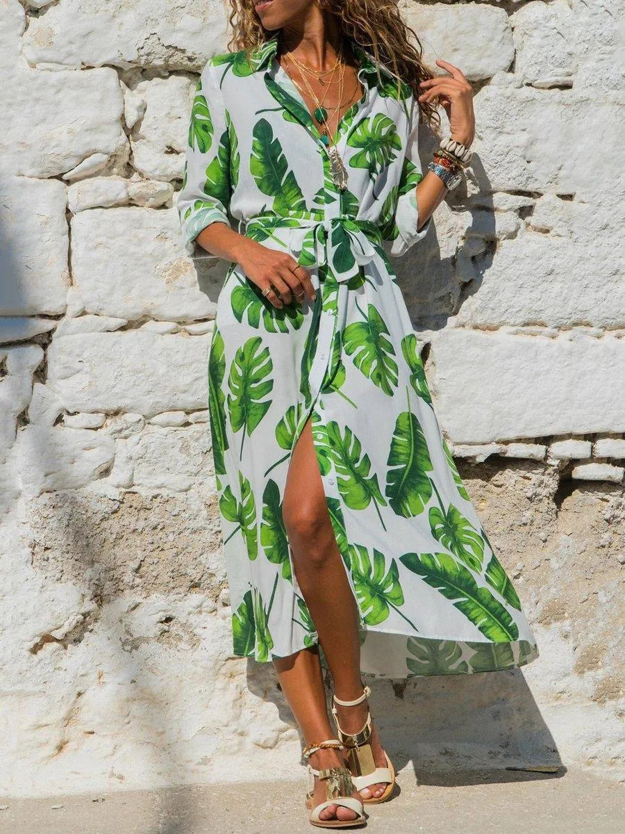Women's vintage-style chiffon dress with V-neck, high waist, and printed A-line skirt.