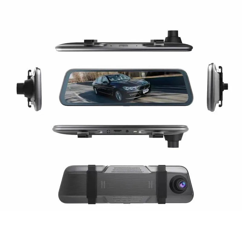 Black rearview mirror dash cam with 10-inch touchscreen display showing road recording