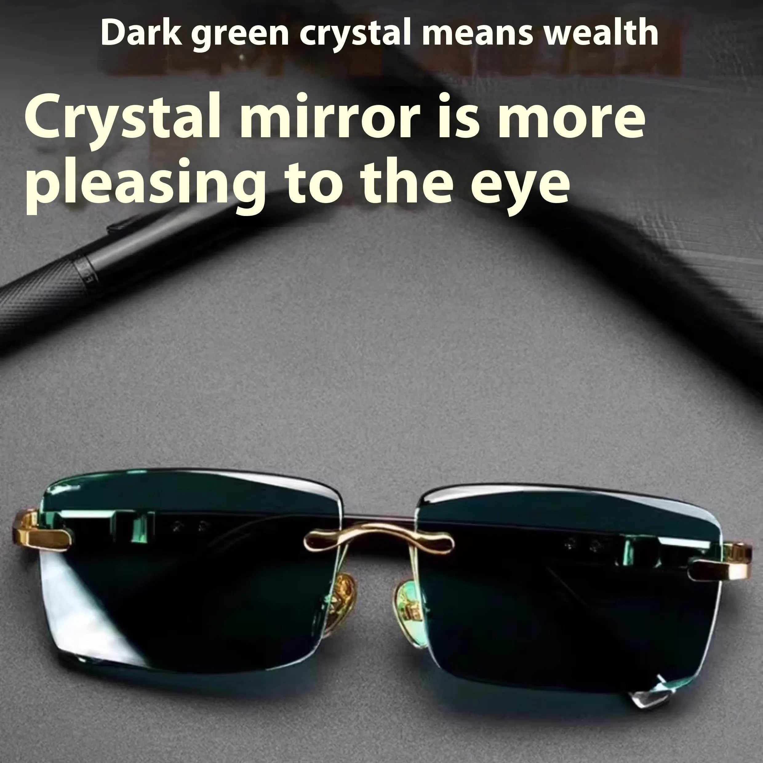 Dark green frameless crystal sunglasses with protective case and cleaning cloth