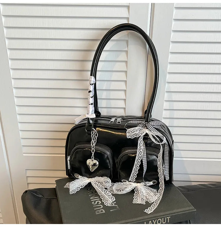 PU leather shoulder bag in horizontal square shape with double straps and phone pocket