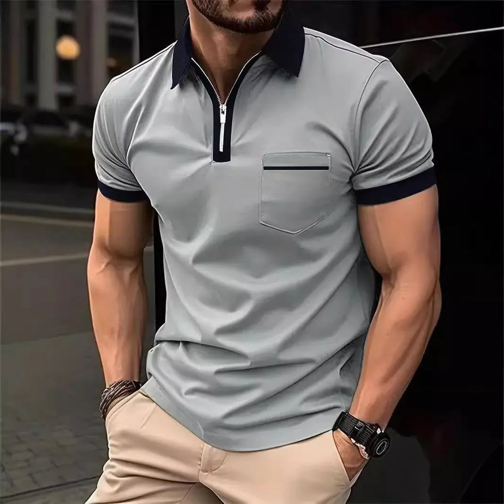 Men's loose fit short sleeve casual shirt with chest pocket and contrasting collar detail