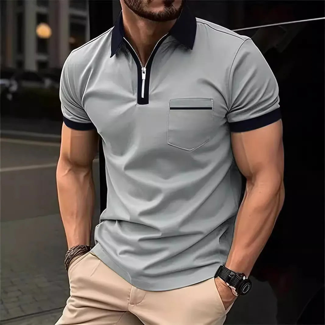 Men's loose fit short sleeve casual shirt with chest pocket and contrasting collar detail