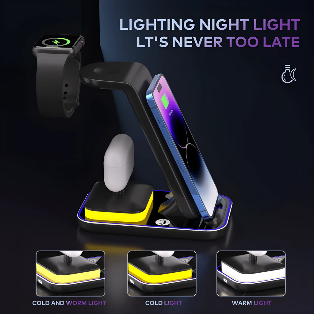 Black vertical wireless charging stand with phone in portrait mode and smartwatch charging simultaneously