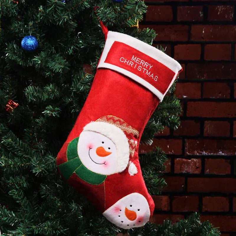 Non-woven fabric Christmas stocking decoration in American folk style with elk, old man or snowman design.