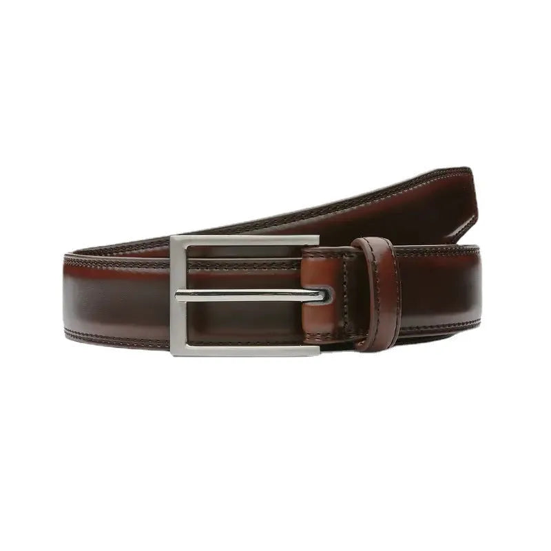 Men's genuine leather casual belt with alloy buckle in 95 grain brown, showing traditional width and length.