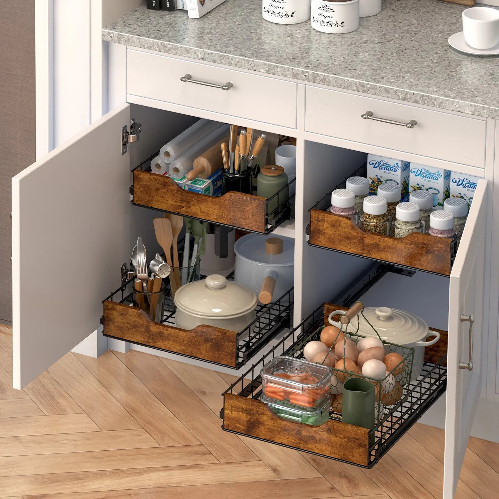 Black wooden and iron kitchen storage rack with pull basket design