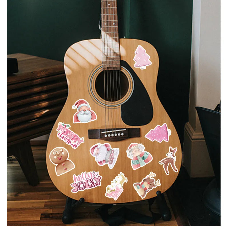 Assortment of 50 cute Christmas-themed waterproof stickers ranging from 4cm to 8cm in size.
