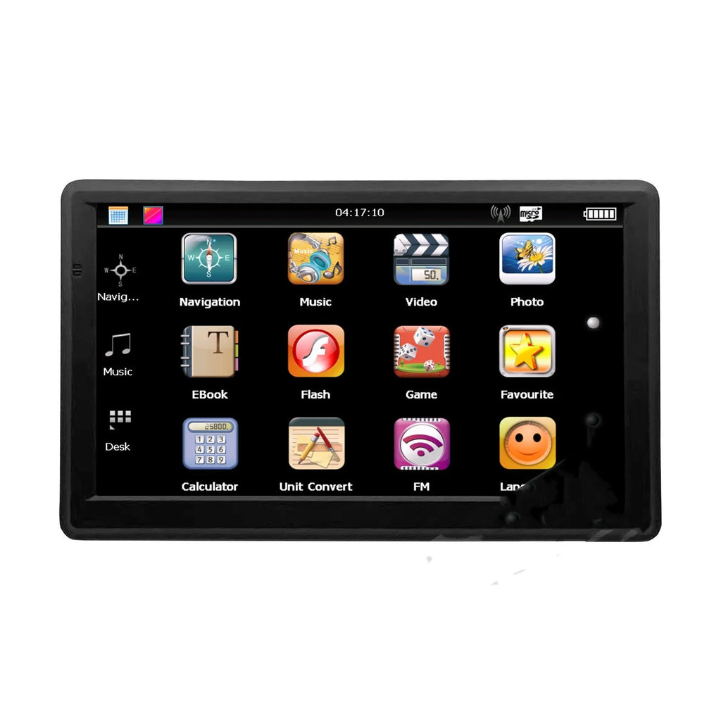 A 7-inch portable car GPS navigation device showing a map on its HD screen, with a car charger and mounting bracket.