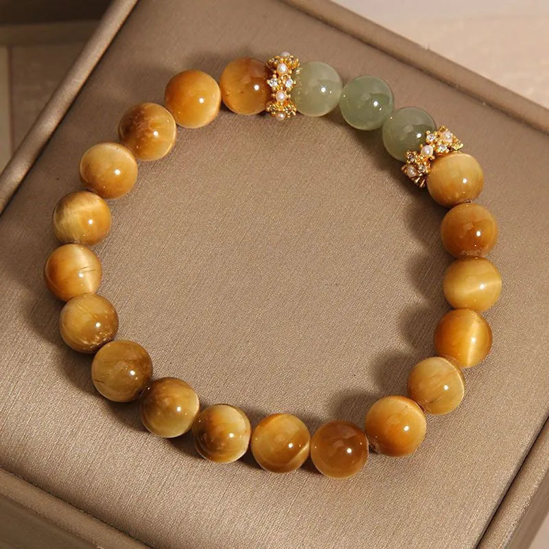 Natural yellow tiger's eye Hetian jade bracelet with gold gourd money symbol and U-shaped design