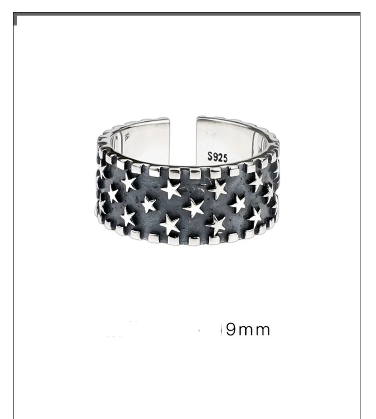 Adjustable sterling silver ring with a geometric pattern of five pointed stars on the band.