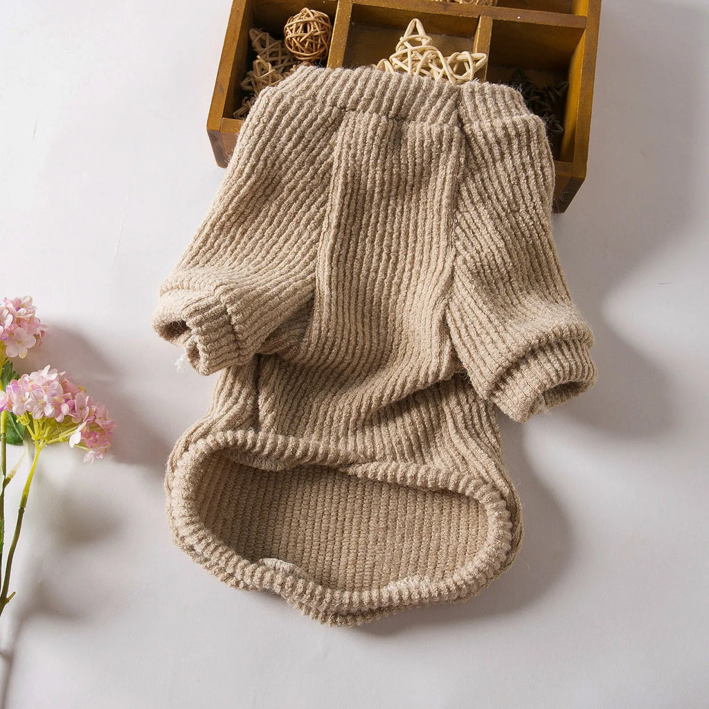 Brown cloth dog sweater pullover for small breeds on a white background.