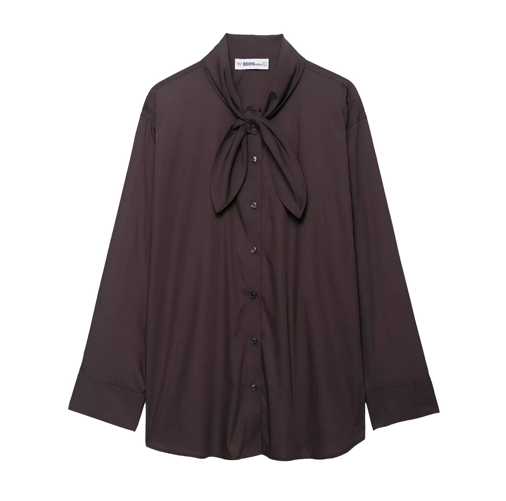 Brown women's long sleeve polyester poplin shirt with bow tie scarf detail, loose fit cardigan style