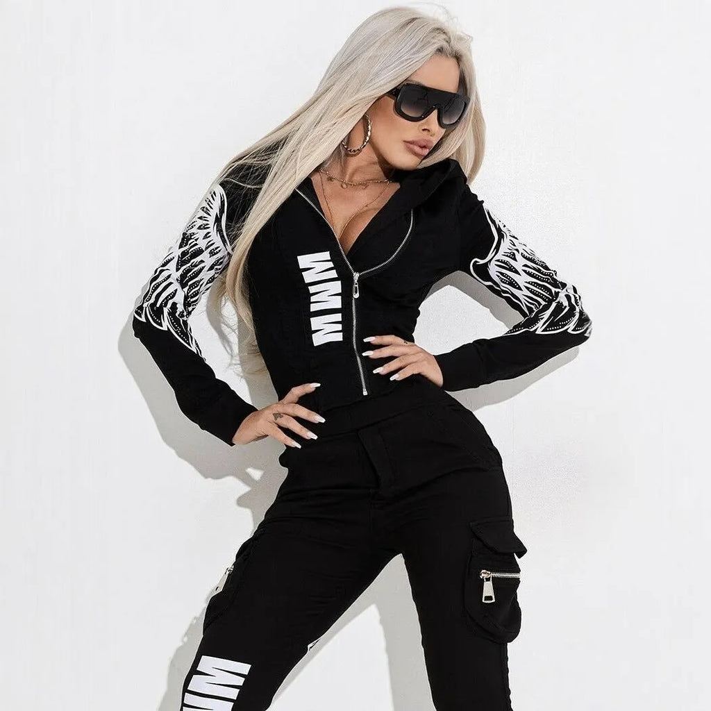 Women's black two-piece casual suit with wings printing, zipper hooded top and trousers