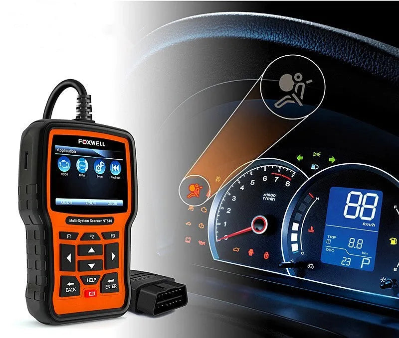 Orange and black Foxwell NT510 automotive diagnostic scanner with TFT screen and data cable for OBD2 vehicle fault detection.