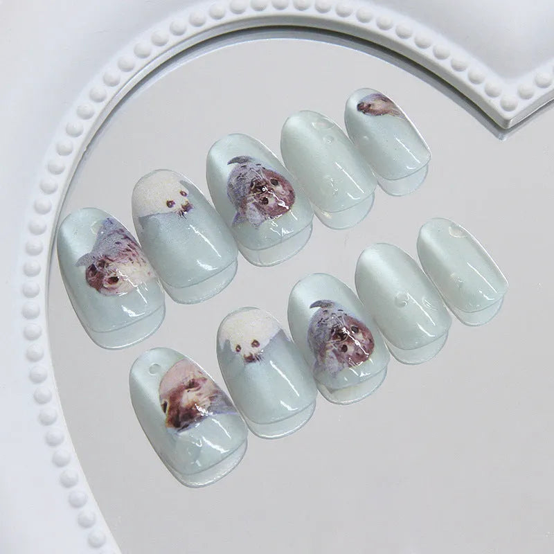 Short oval summer ocean cat eye press-on nails with glue for ladies, cute wearable plastic nail set