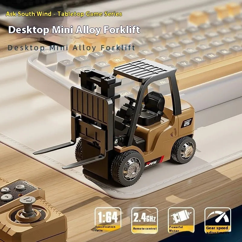 1:64 scale metal alloy remote control forklift model with mini remote, cargo hook, and pallet.