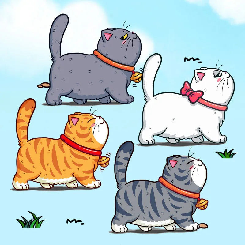 Waterproof PVC car sticker showing a design of five walking cats, available in multiple sizes.