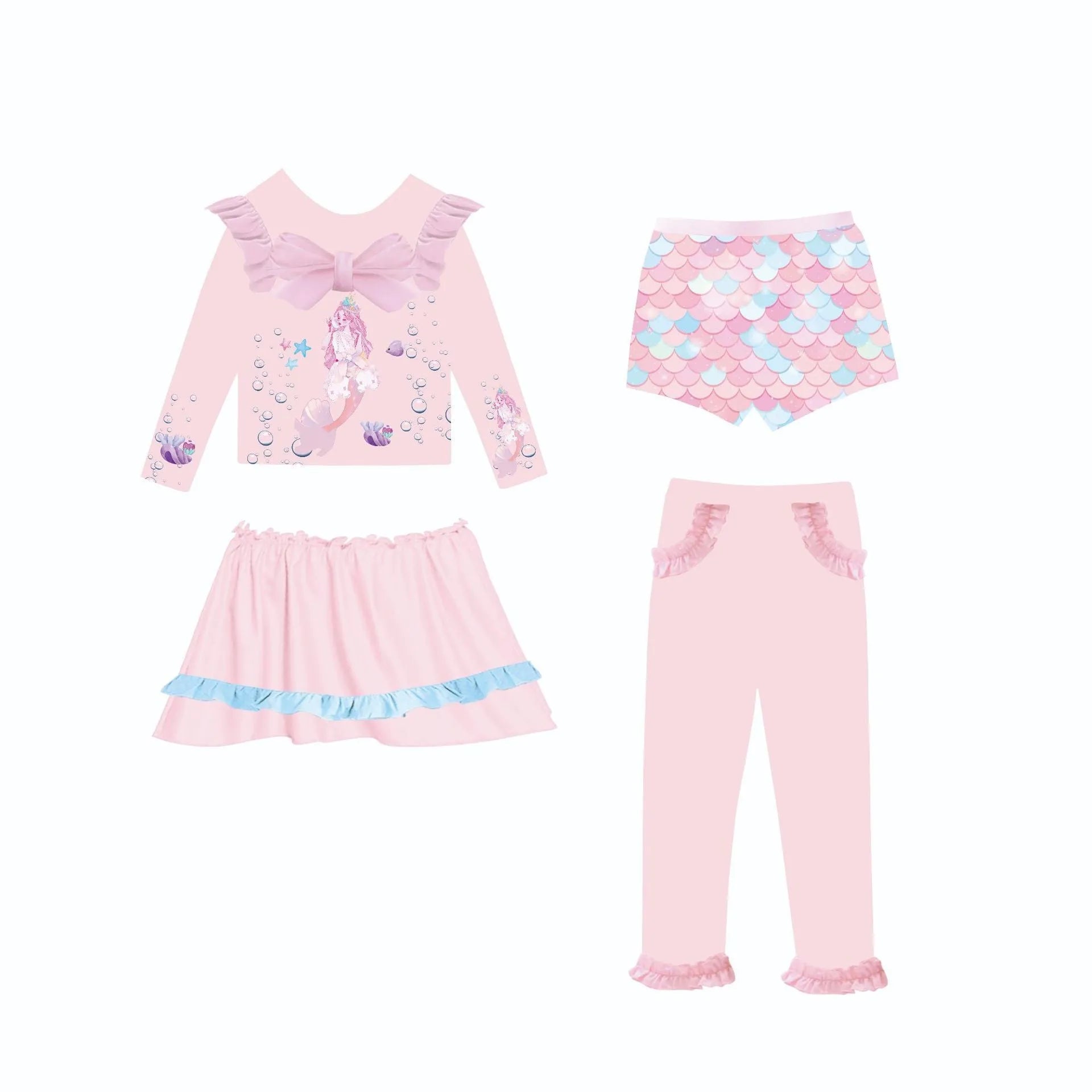 Girl's gilded mermaid swimsuit set with top and skirt in a choice of four colours