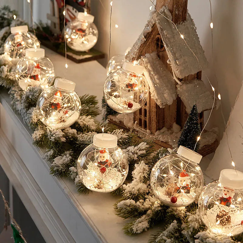 10-piece LED Christmas curtain light string with snowman, elder, and Christmas tree wishing ball designs.