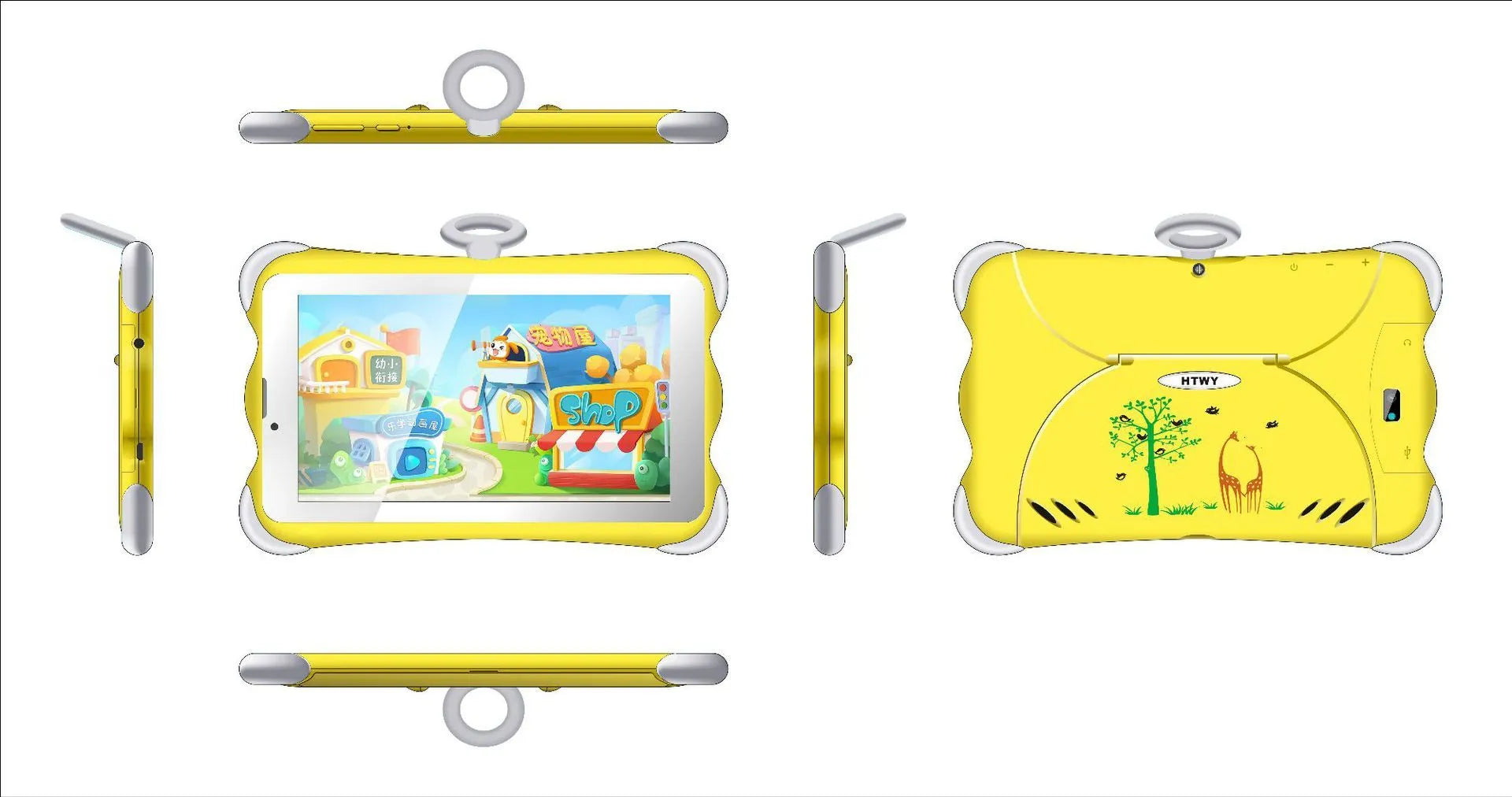 7-inch children's learning tablet in cartoon colours with included stand showing 3G calling capability