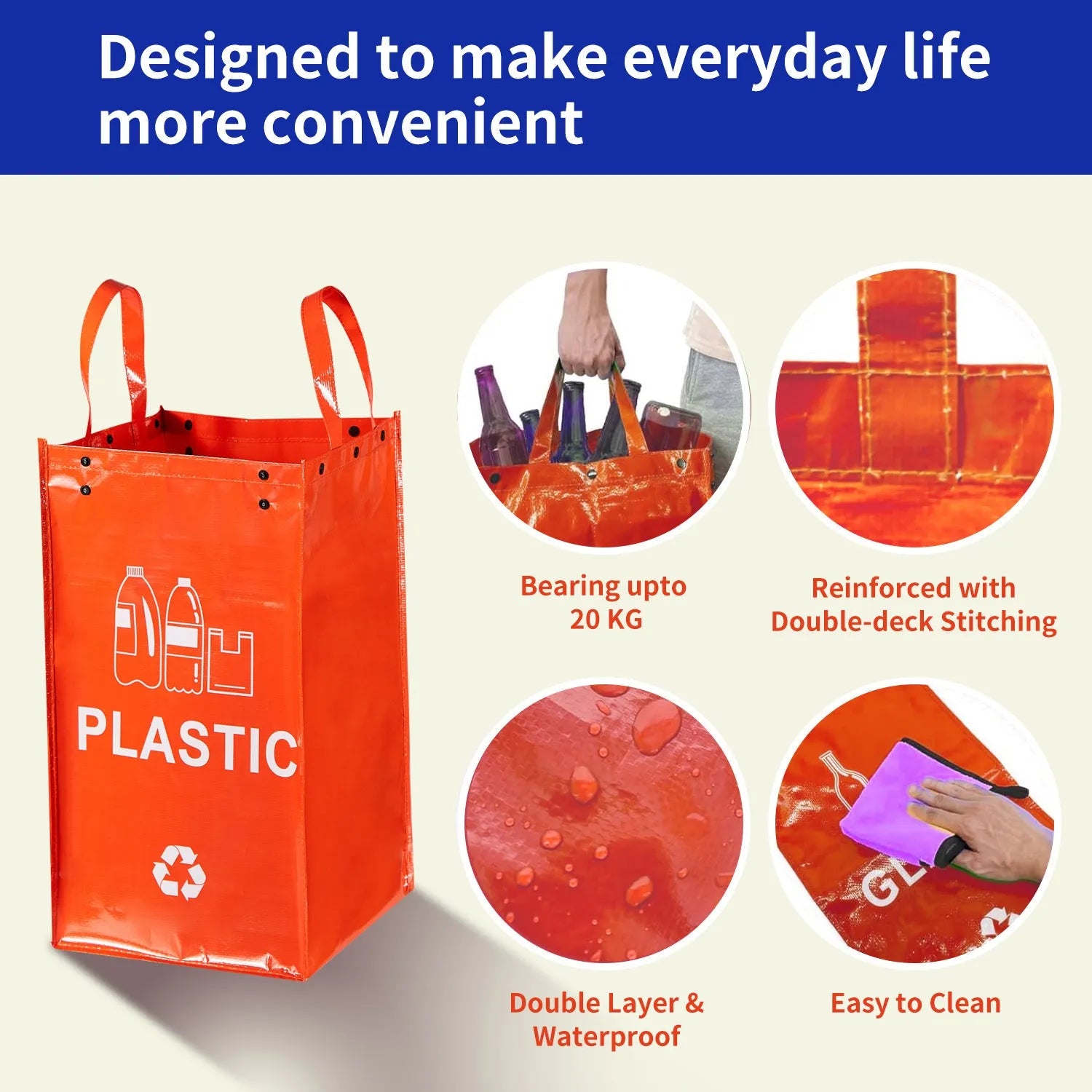 Blue polypropylene rubbish bin with lid and handle, 40-litre capacity, dimensions 30cm by 50cm by 30cm.