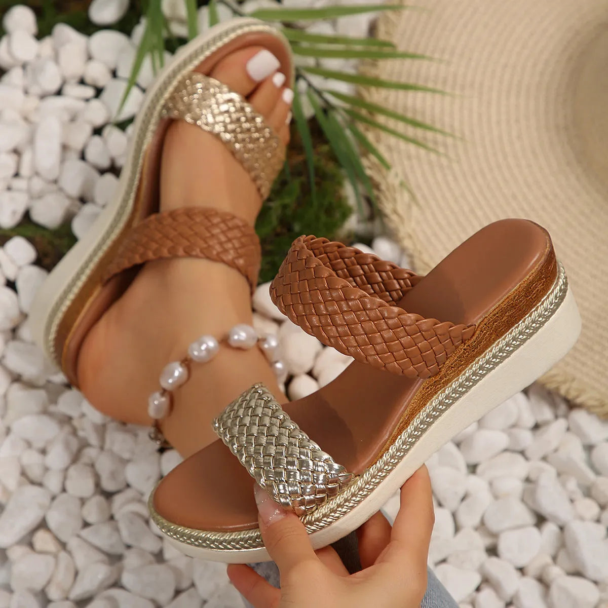 Gold or silver metallic wedge sandals for women with PU leather upper and rubber sole