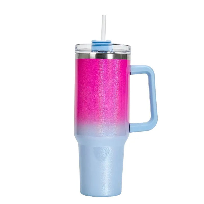 Large stainless steel vacuum insulation cup with gradient colours showing thermal insulation design
