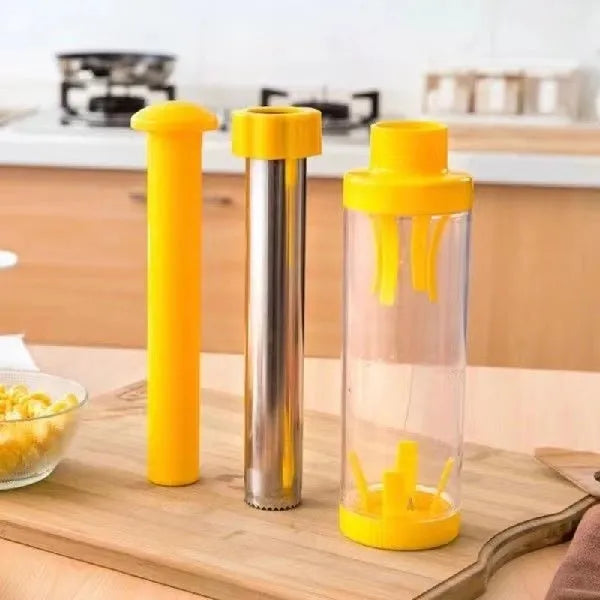 Yellow cylindrical manual corn stripper tool with ABS and stainless steel construction, 27cm high.