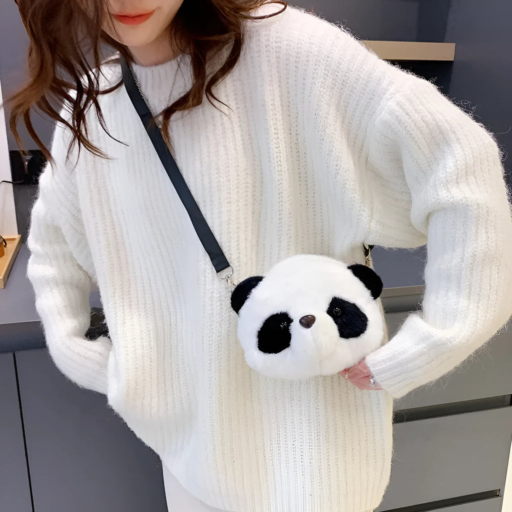 Plush panda head design crossbody bag showing cylindrical shape and sandwich pocket