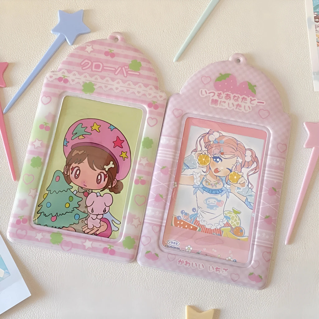 PVC plastic meal card holder pendant in strawberry and four-leaf clover cartoon designs.