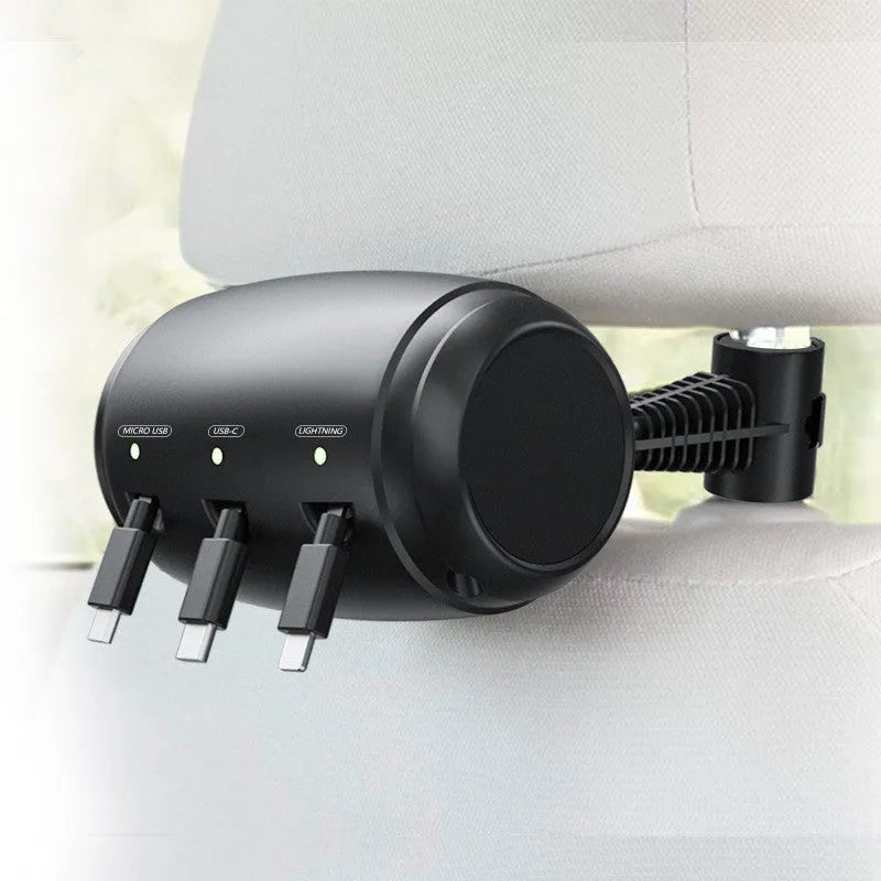 Black car headrest charger with 3-in-1 Micro USB, USB-C and Lightning ports and 1.5m auto-shrinking cable.