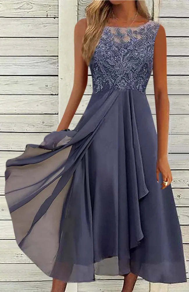 Women's sleeveless chiffon dress with lace hollow-out stitching in fresh sweet princess style