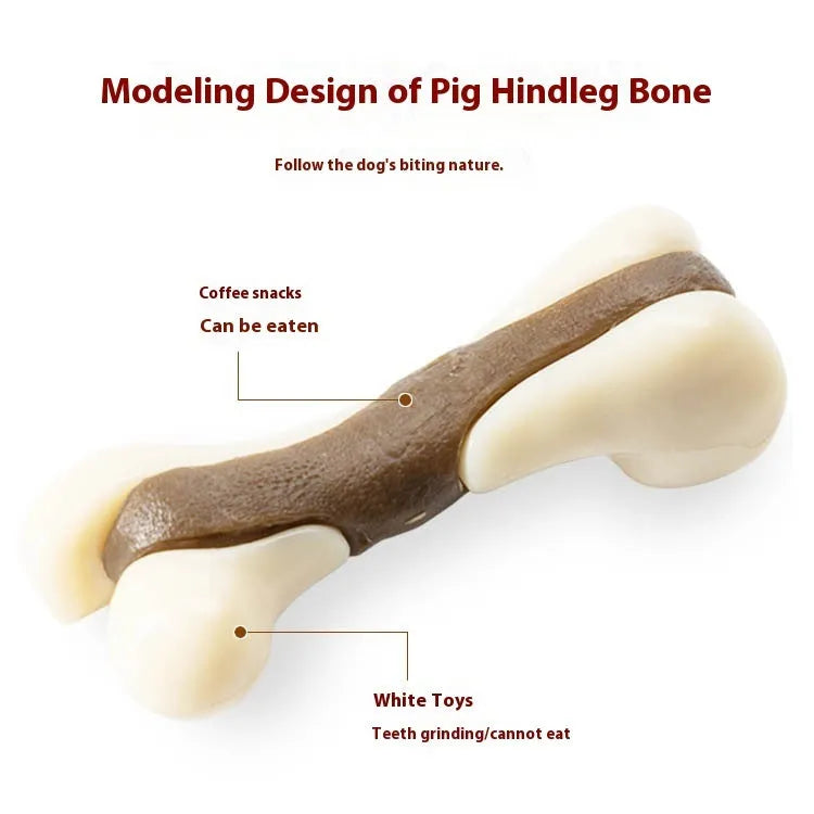 Cowhide and nylon bone-shaped dog chew toy grinding rod in foodie bones colour.