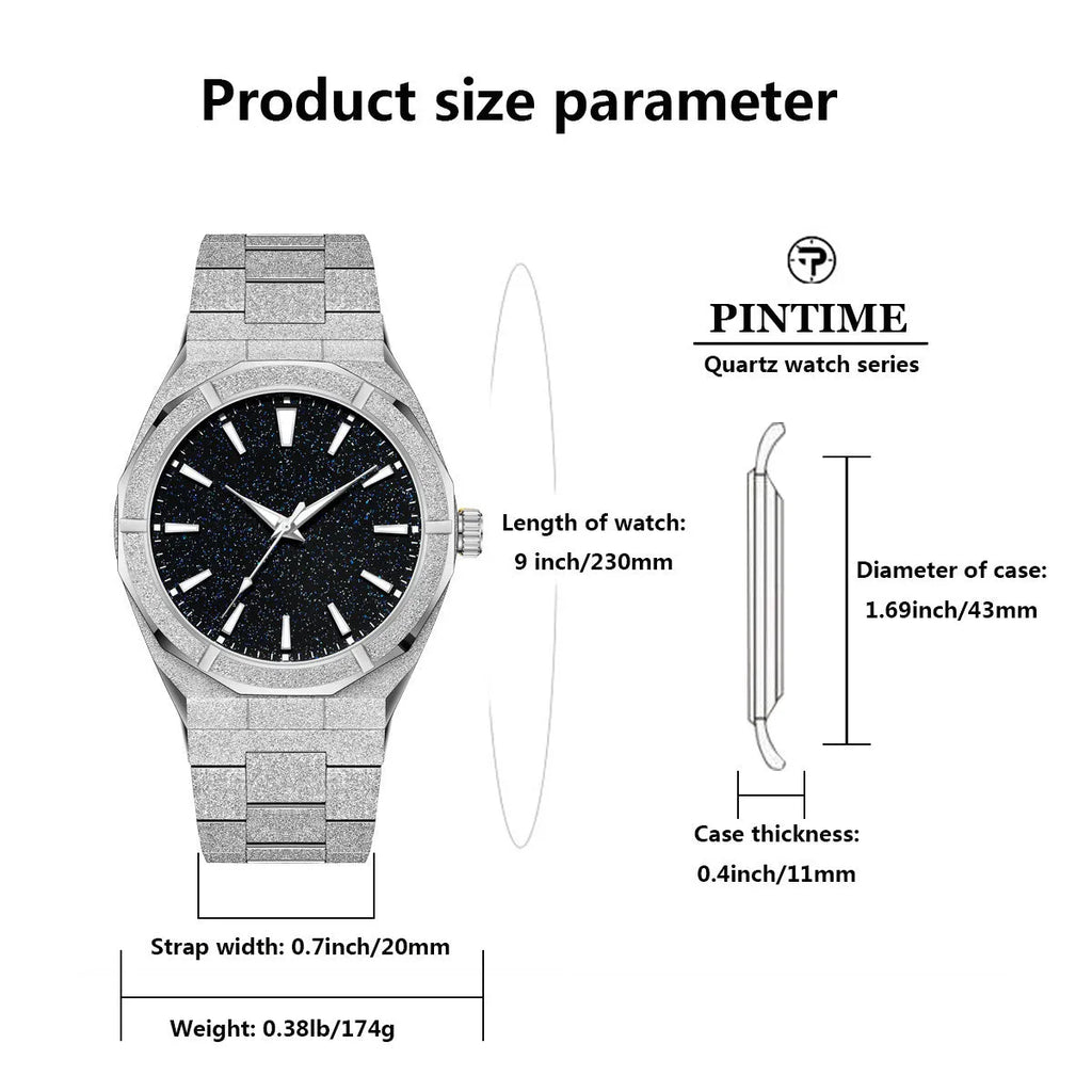 Men's business watch with frosted stainless steel finish and luminous markers on black background