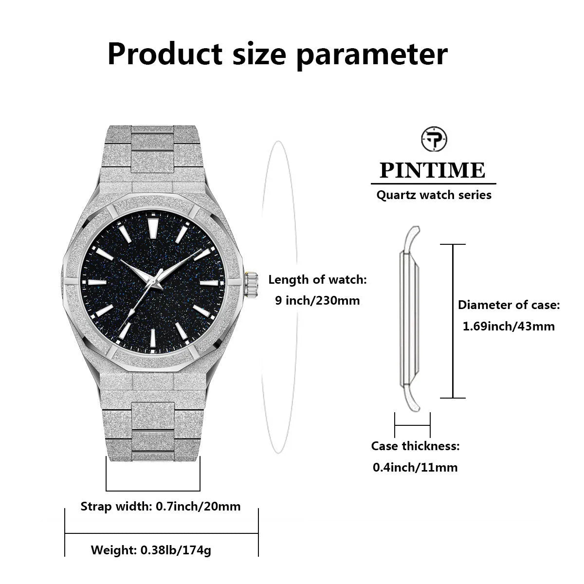 Men's business watch with frosted stainless steel finish and luminous markers on black background