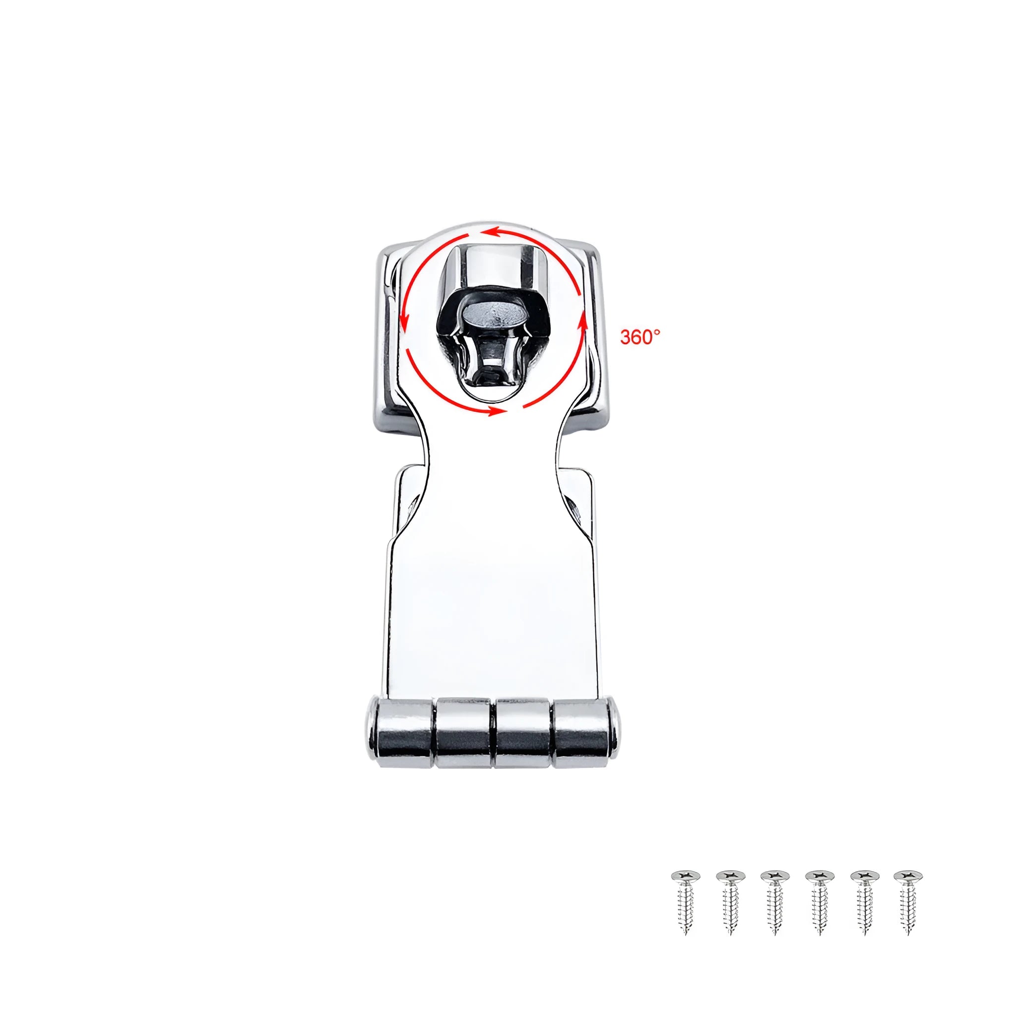 Silver stainless steel lock latch with a mirror finish for doors and cabinets.
